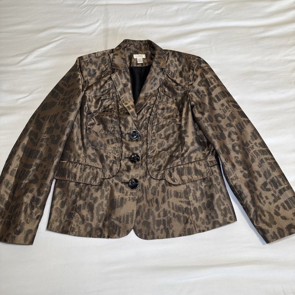 Chicos Sz 1 Womens Blazer Jacket Animal Print Pleated Lined Beige Career EUC